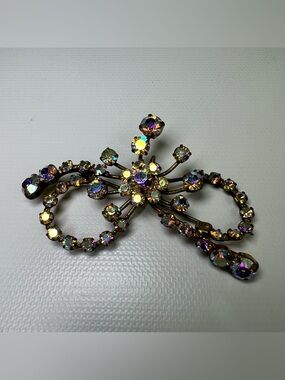 Vintage Austrian Aurora Borealis Rhinestone Bow Brooch